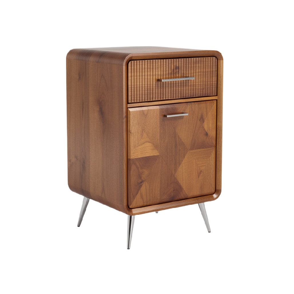 Modern Wooden Nightstand with Textured Drawer Fronts and Metal Legs