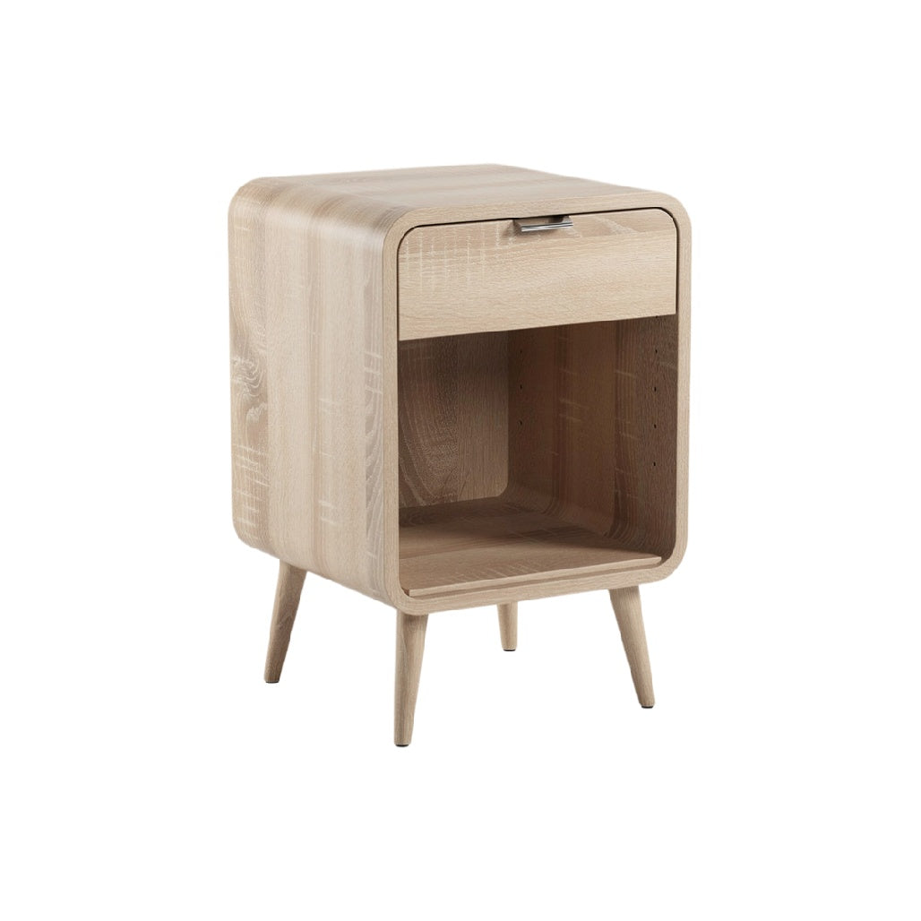 Modern Minimalist Wooden Nightstand with Drawer and Open Shelf
